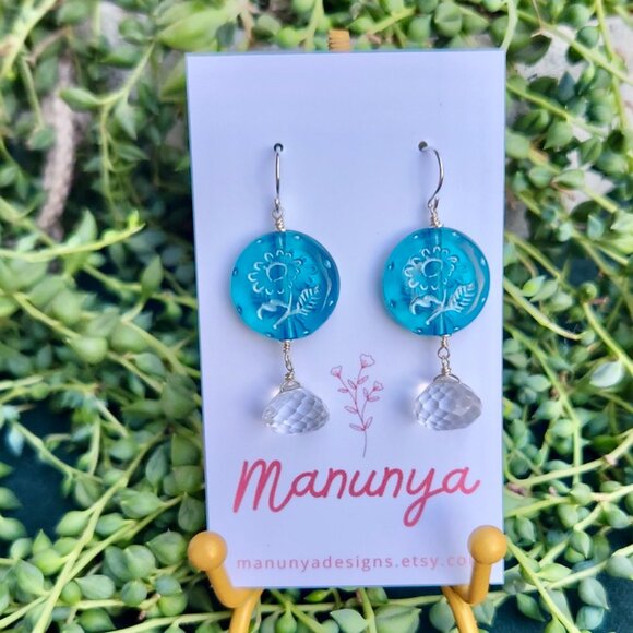 Dangle Flower Earrings - Blue, Green, Purple - Picture 10 of 13